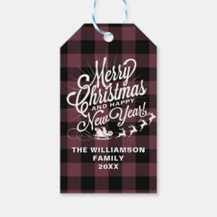 Frohe Weihnachten Glück Neujahr Burgund Karo Geschenkanhänger