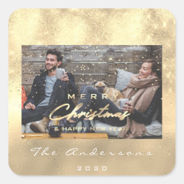 Frohe Weihnachten Glück Neujahr Imitate Gold Foto Quadratischer Aufkleber
