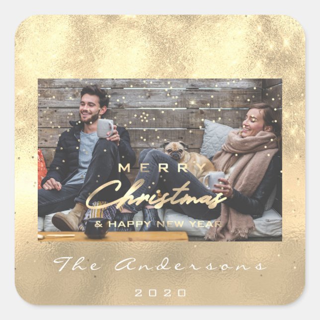 Frohe Weihnachten Glück Neujahr Imitate Gold Foto Quadratischer Aufkleber (Vorderseite)