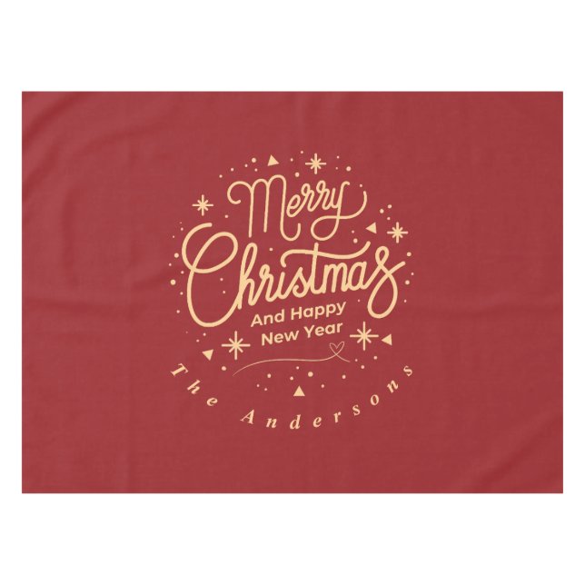 Frohe Weihnachten Glück Neujahr Modernes Rot & Gol Tischdecke (Vorderseite (Horizontal))