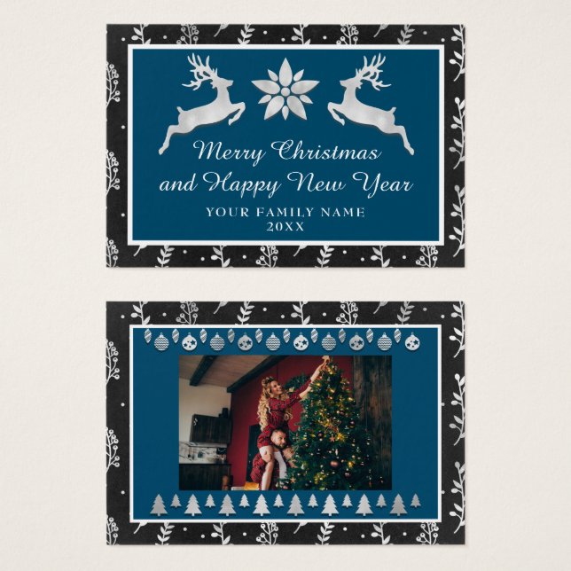 Frohe Weihnachten Glück Neujahr Name Navy Silver (Vorne & Hinten)