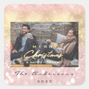 Frohe Weihnachten Glück Neujahr Pink Gold Foto Quadratischer Aufkleber