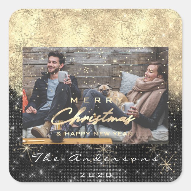 Frohe Weihnachten Glück Neujahr Schwarzes Gold Fot Quadratischer Aufkleber (Vorderseite)