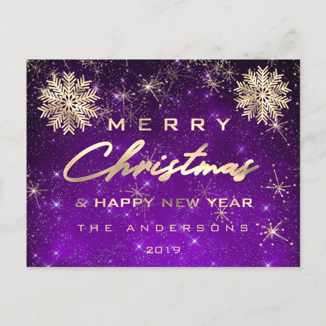 Frohe Weihnachten Glück Neujahr Snow Gold Sky Purp Postkarte (Vorderseite)