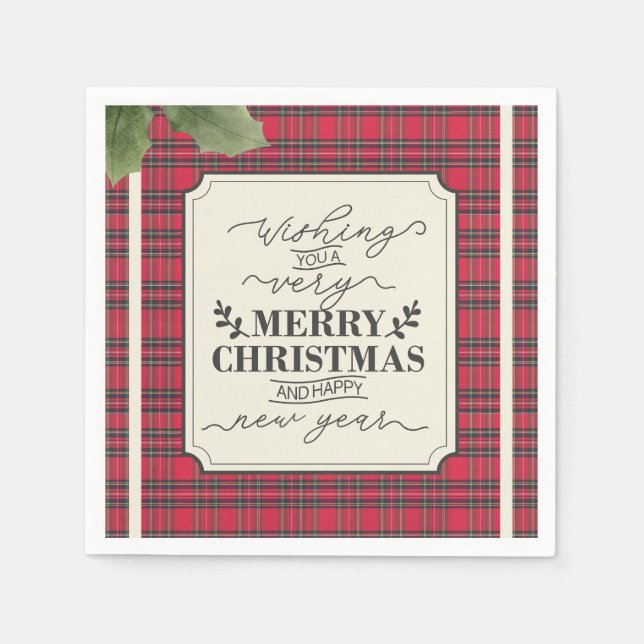 Frohe Weihnachten & Glück Neujahr Tartan Name Serviette (Vorderseite)