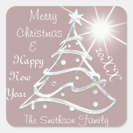 Frohe Weihnachten & Glück Neujahr Tree Gray Bronze Quadratischer Aufkleber