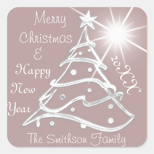 Frohe Weihnachten & Glück Neujahr Tree Gray Bronze Quadratischer Aufkleber (Vorderseite)