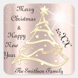 Frohe Weihnachten & Glück Neujahr Tree Rose Gold Quadratischer Aufkleber