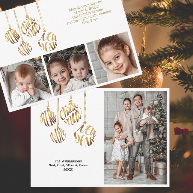 Frohe Weihnachten Glück Neujahr Vier Foto Gold (Faux gold foil typography ornaments - personalized with four photos and your signature.  )