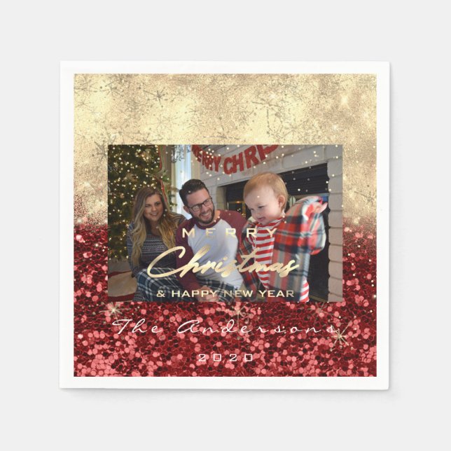 Frohe Weihnachten glücklich Jahr Gold Foto Roter G Serviette (Vorderseite)