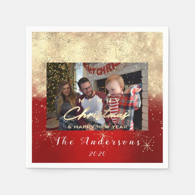 Frohe Weihnachten glücklich Jahr Gold Foto White R Serviette (Vorderseite)