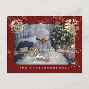 Frohe Weihnachten glücklich Jahr Gold Snow Maroon Postkarte