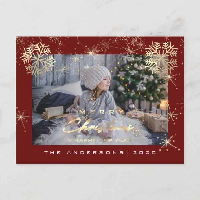 Frohe Weihnachten glücklich Jahr Gold Snow Maroon  Postkarte (Vorderseite)
