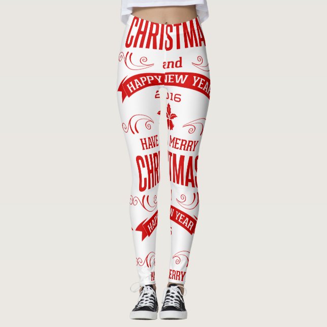 Frohe Weihnachten glücklich Neues Jahr weiß & rot Leggings (Vorderseite)