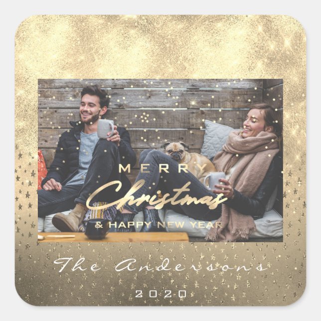 Frohe Weihnachten glückliche Neujahrsstars Gold Fo Quadratischer Aufkleber (Vorderseite)