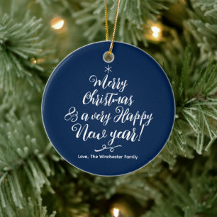 Frohe Weihnachten Glückliches Neues Jahr blaue Sch Keramik Ornament