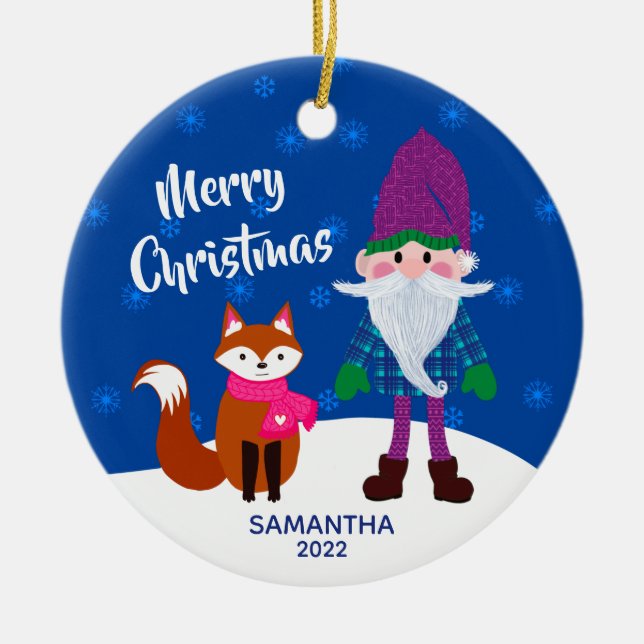 Frohe Weihnachten Gnome Fox Personalisiert Night B Keramik Ornament (Vorne)