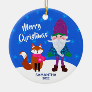 Frohe Weihnachten Gnome Fox Snowflakes Blau Keramik Ornament