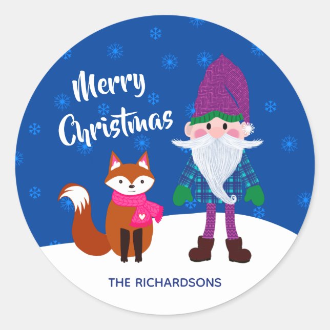 Frohe Weihnachten Gnome Fox Snowflakes Nachtzeit Runder Aufkleber (Vorderseite)
