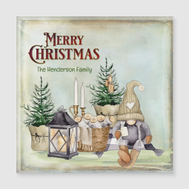 Frohe Weihnachten Gnome Picnic Rustikale Kabine Magnetkarte (Vorderseite)