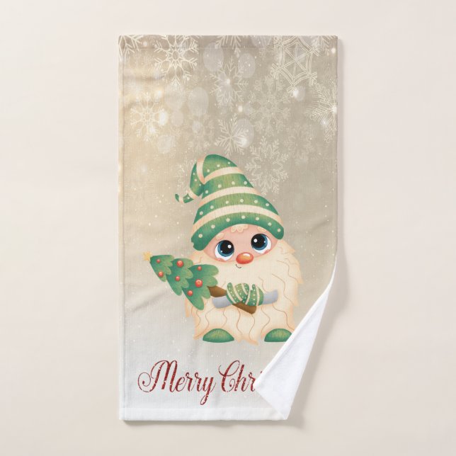 Frohe Weihnachten, Gnome, Pine Tree, Schneeflocken Badhandtuch Set (Handtuch)