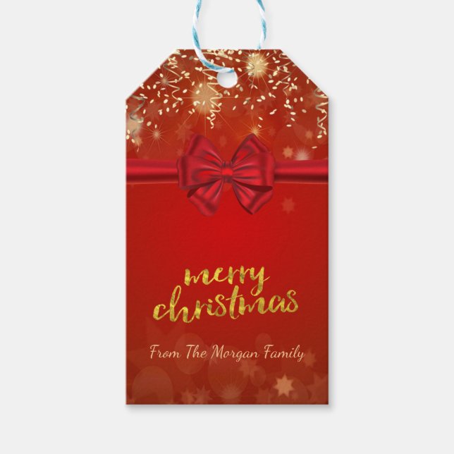 Frohe Weihnachten, Gold Confetti, Red Bow Geschenkanhänger (Vorderseite)