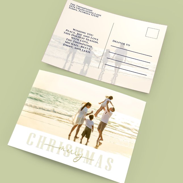 Frohe Weihnachten Gold Elegante Kalligraphie 2 Fot (Merry Christmas elegant gold two photo template postcard. )