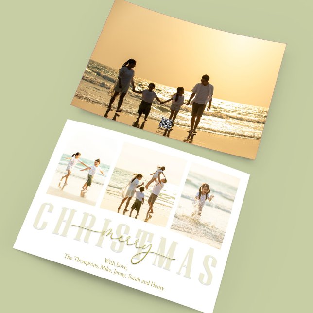 Frohe Weihnachten Gold Elegante Kalligraphie 4 Fot (Merry Christmas gold typography-style photo card with a four-photo template. )