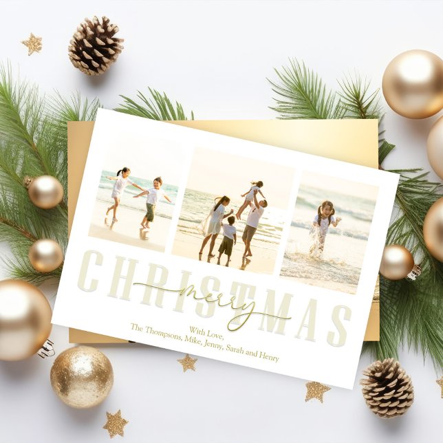 Frohe Weihnachten Gold Elegante Kalligraphie 4 Fot (Merry Christmas gold calligraphy script photo card. )