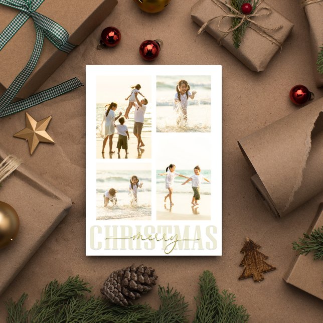 Frohe Weihnachten Gold Elegante Kalligraphie 5 Fot (Completely editable template, add your own photos, and create an eye-catching photo postcard.)