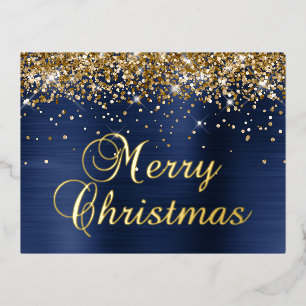 Frohe Weihnachten Gold Glitter Navy Blau Glamour Folien Feiertagspostkarte