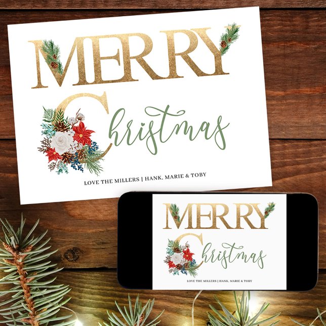 Frohe Weihnachten Gold Green Poinsettia und Pine (Merry Christmas Card. Buy professionally printed or as a printable digital download.)