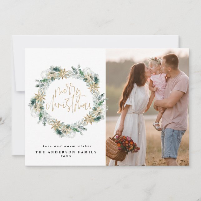 Frohe Weihnachten Gold Greenery Wreath Gruß Mitteilungskarte (Vorderseite)