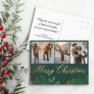 frohe weihnachten gold grün  3 foto collage paar postkarte