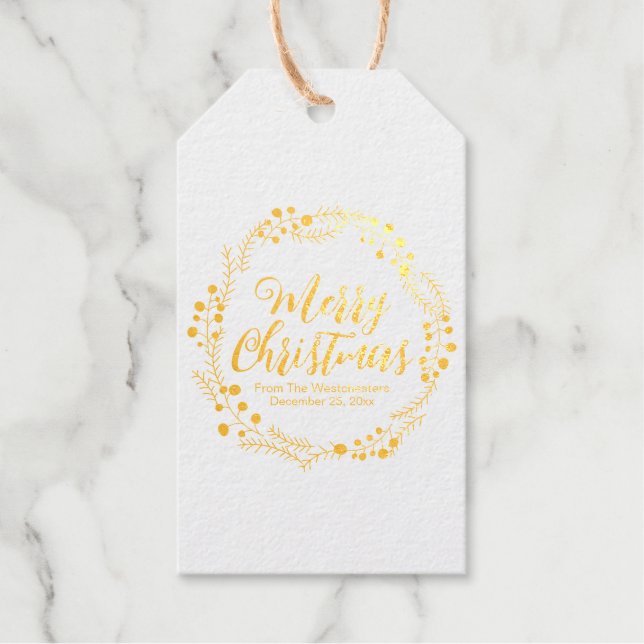 Frohe Weihnachten Gold modernen Drehbuch rustikale Geschenkanhänger (Vorderseite)