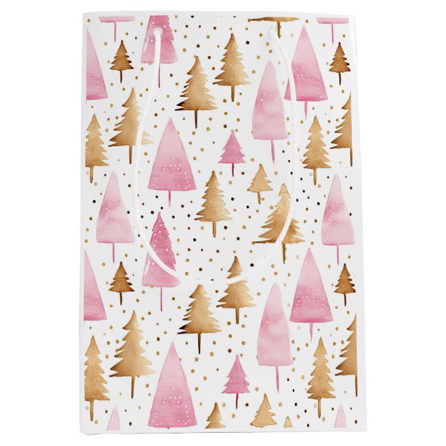 Frohe Weihnachten Gold Pink Tree Mittlere Geschenktüte (Vorderseite)