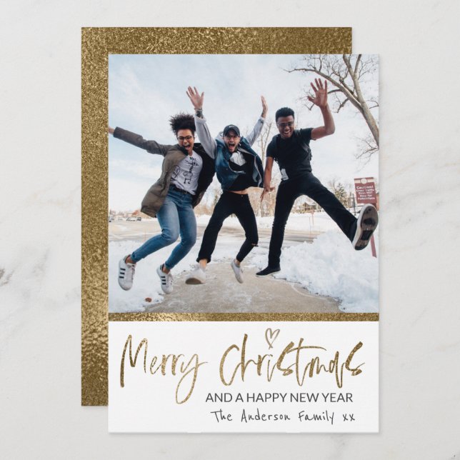 Frohe Weihnachten Gold Script Foto Collage White (Vorne/Hinten)