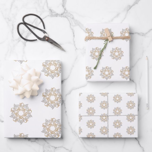 Frohe Weihnachten Gold & Silver Star, White Geschenkpapier Set (Vorderseite)