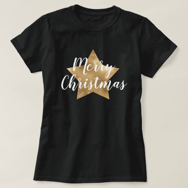 Frohe Weihnachten Gold Star Black T-Shirt (Design vorne)
