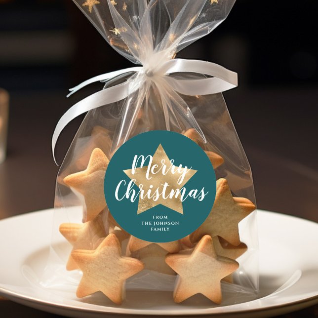 Frohe Weihnachten Gold Star Green Runder Aufkleber (Merry Christmas Gold Star Green Classic Round Sticker)