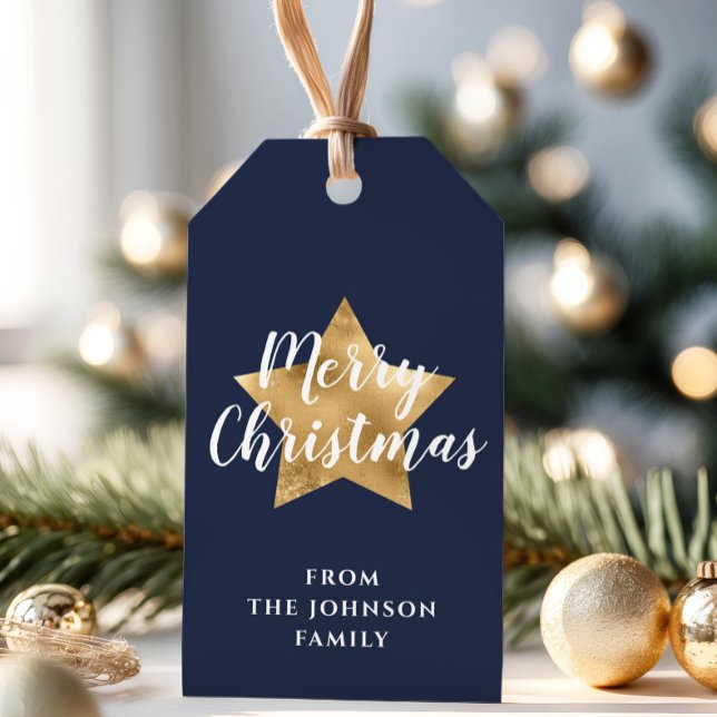 Frohe Weihnachten Gold Star Navy Blue Geschenkanhänger (Merry Christmas Gold Star Navy Blue Gift Tags)