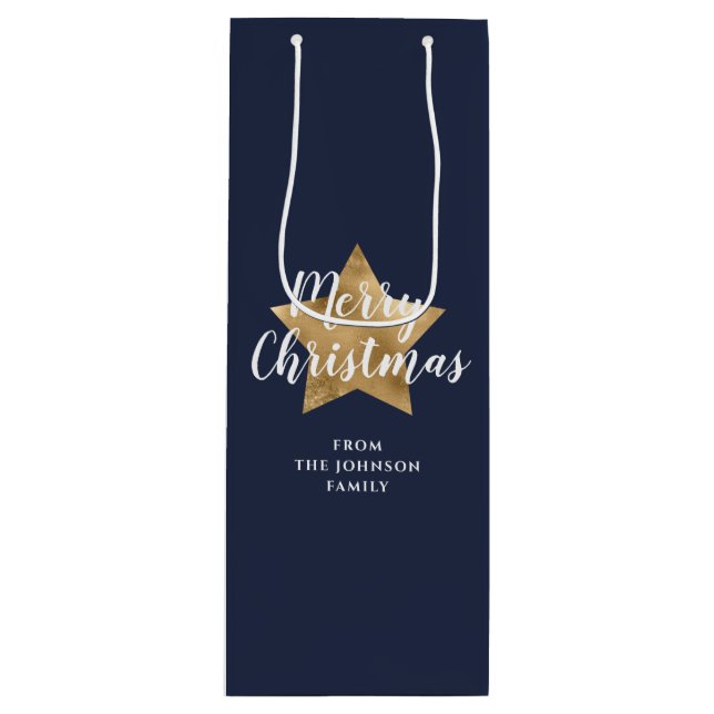 Frohe Weihnachten Gold Star Navy Blue Geschenktüte Für Weinflaschen (Vorderseite)