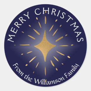 Frohe Weihnachten Gold Star Navy Blue Runder Aufkleber