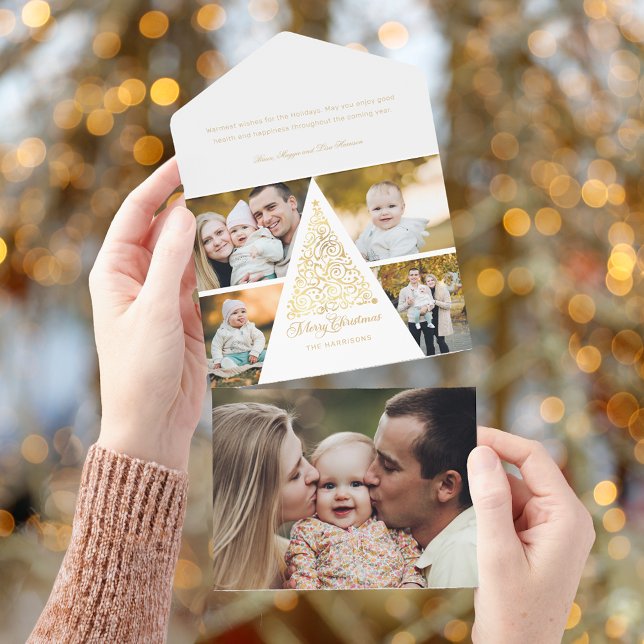 Frohe Weihnachten Gold Swirl Tree 4 Foto Collage All In One Einladung (Von Creator hochgeladen)