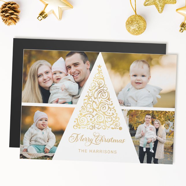 Frohe Weihnachten Gold Swirl Tree 4 Foto Collage Magnetkarte (Von Creator hochgeladen)