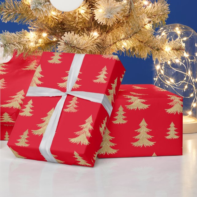 Frohe Weihnachten Gold Weihnachtsbaum Red Geschenkpapier (Feiertage)