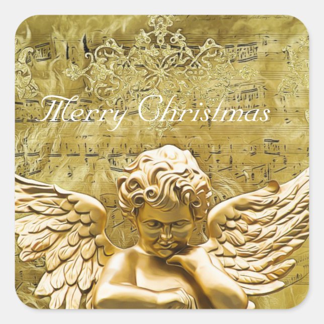Frohe Weihnachten Golden Angel Musical Notes Quadratischer Aufkleber (Vorderseite)