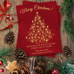 Frohe Weihnachten! Golden Lights Tree on Lush Red Feiertagskarte<br><div class="desc">Diese schöne Weihnachtskarte ist schlicht,  stilvoll,  raffiniert und elegant eingerichtet und mit einem stilisierten Weihnachtsbaum aus goldenen Sternen und Lichtern auf einem tiefgründigen,  rot marmorierten Hintergrund versehen. Die Unterschrift lautet: Frohe Weihnachten! Es gibt Platz für einen kurzen Gruß und Ihre Unterschrift. Wunderschöne Art,  Urlaub zu jubeln.</div>