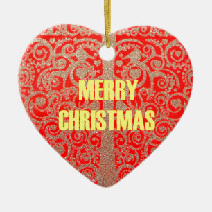 Frohe Weihnachten Golden Red Snow Herzen Keramikornament