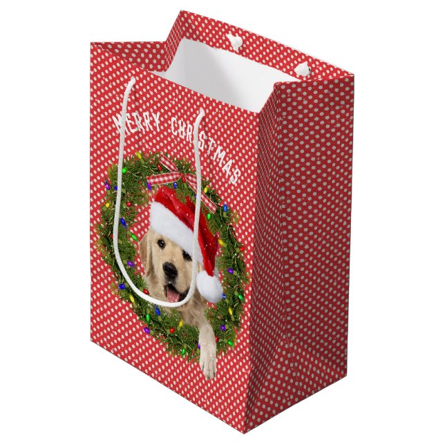 Frohe Weihnachten Golden Retriever auf Polka Punkt Mittlere Geschenktüte (Vorderseite Schrägansicht)